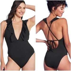 Shade & Shore Black Flounced Plunge Ruffled Neckline One Piece Swimsuit Medium
